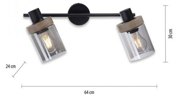LEUCHTEN DIREKT is JUST LIGHT Stropní bodové svítidlo, kouřové sklo, dřevo, E27, 2-ramenné