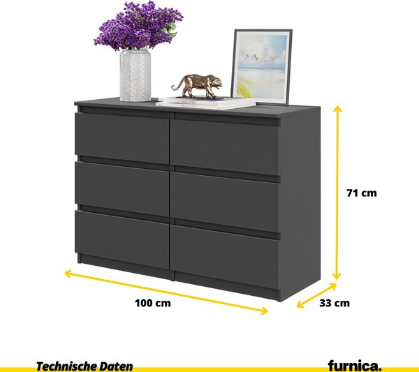 FURNICA - GABRIEL - Komoda / příborník se 6 zásuvkami - antracitově šedá / V71cm Š100cm H33cm