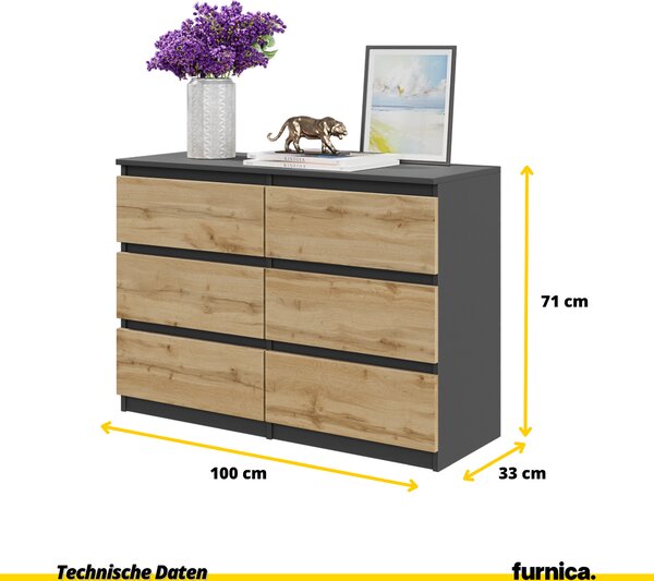 FURNICA - GABRIEL - komoda / příborník se 6 zásuvkami - antracit / dub Wotan V71cm Š100cm H33cm