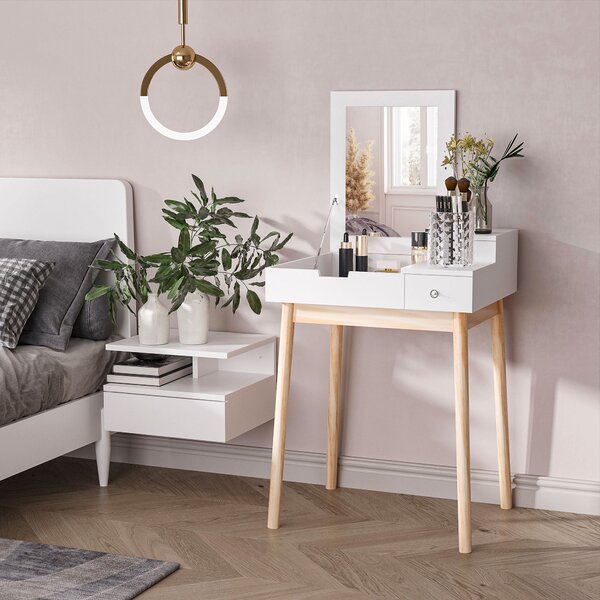 HOMCOM Toaletní Stůl s Zrcadlem Moderní Styl - 2 Zásuvky, Sklopné Zrcadlo do Ložnice, Obývacího Pokoje, 60 x 50 x 85,5 cm | Aosom