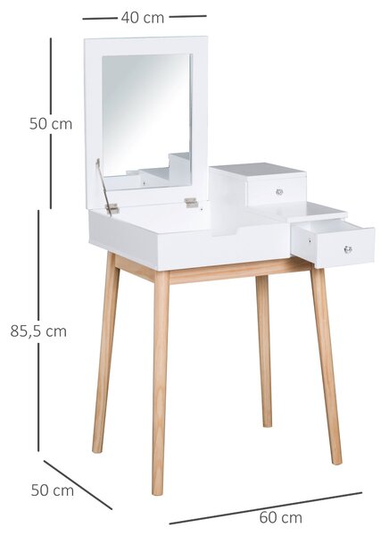 HOMCOM Toaletní Stůl s Zrcadlem Moderní Styl - 2 Zásuvky, Sklopné Zrcadlo do Ložnice, Obývacího Pokoje, 60 x 50 x 85,5 cm | Aosom