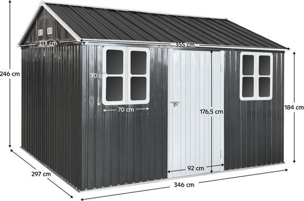 Kondela Plechový zahradní domek Gabko 360x310x250 cm - antracit / bílá