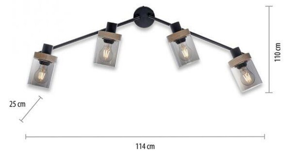 LEUCHTEN DIREKT is JUST LIGHT Stropní bodové svítidlo, kouřové sklo, dřevo, E27, 4-ramenné
