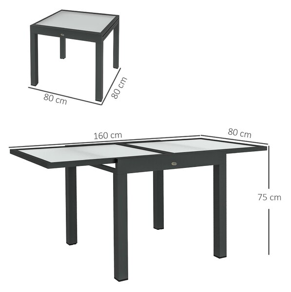 Outsunny Velký Rozšiřitelný Zahradní Stůl rozložené rozměry 160D x 80Š x 75V cm Tmavě Šedý Hliníkový Stůl s Temperovaným Sklem Transparentní | Aosom
