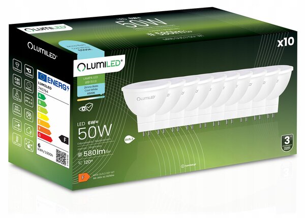 10x LED žárovka GU5.3 reflektor MR16 6W 580lm 6500K studená bílá 120° LUMILED