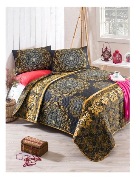 Set přehozu přes postel a povlaku na polštář s příměsí bavlny Sehri Ala Gold, 160 x 220 cm