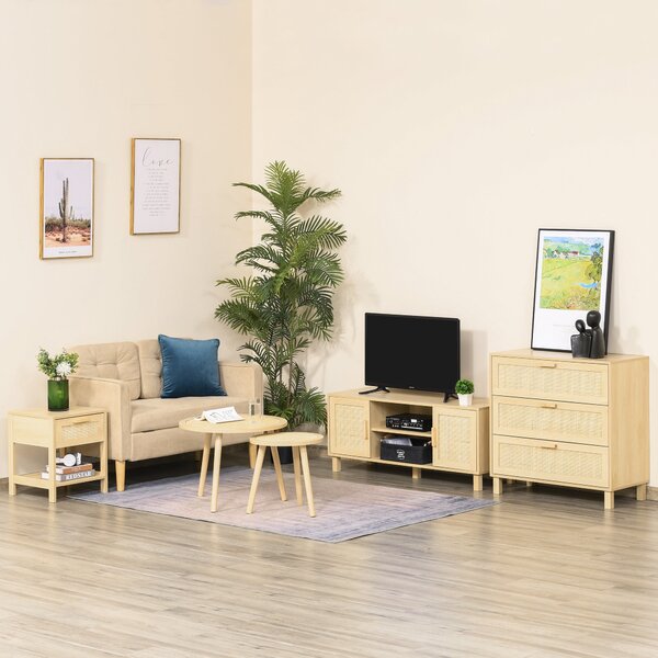 HOMCOM 3-zásuvková komoda s ratanovými dvířky Rozměry 80 Š x 40 H x 80 V cm E1 třída MDF Světle dřevěný vzhled | Aosom