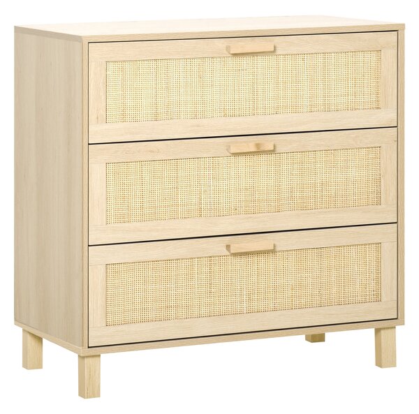 HOMCOM 3-zásuvková komoda s ratanovými dvířky Rozměry 80 Š x 40 H x 80 V cm E1 třída MDF Světle dřevěný vzhled | Aosom
