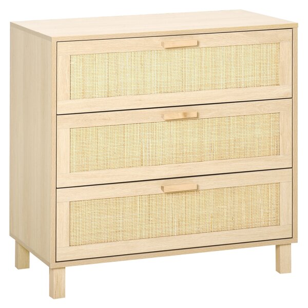 HOMCOM 3-zásuvková komoda s ratanovými dvířky Rozměry 80 Š x 40 H x 80 V cm E1 třída MDF Světle dřevěný vzhled | Aosom
