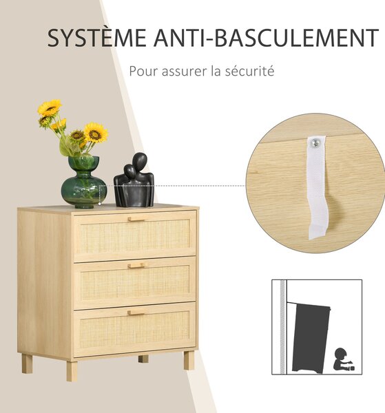 HOMCOM 3-zásuvková komoda s ratanovými dvířky Rozměry 80 Š x 40 H x 80 V cm E1 třída MDF Světle dřevěný vzhled | Aosom