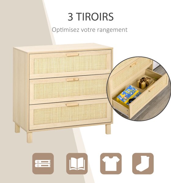 HOMCOM 3-zásuvková komoda s ratanovými dvířky Rozměry 80 Š x 40 H x 80 V cm E1 třída MDF Světle dřevěný vzhled | Aosom