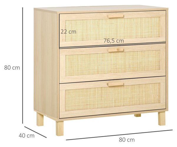 HOMCOM 3-zásuvková komoda s ratanovými dvířky Rozměry 80 Š x 40 H x 80 V cm E1 třída MDF Světle dřevěný vzhled | Aosom