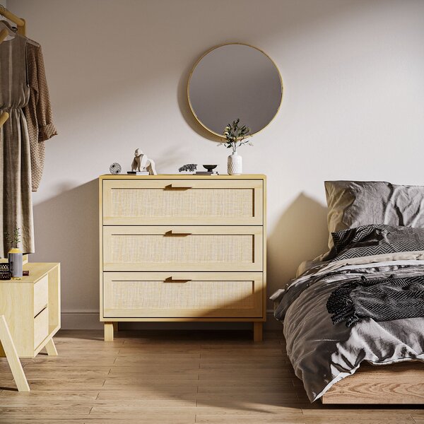 HOMCOM 3-zásuvková komoda s ratanovými dvířky Rozměry 80 Š x 40 H x 80 V cm E1 třída MDF Světle dřevěný vzhled | Aosom