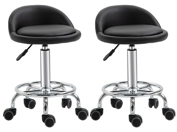 HOMCOM Set 2 otočných stoliček - pracovní stolička 360° - nastavitelná výška sedáku 47-62H cm, ergonomické opěradlo - chromovaná ocel s černým synteti