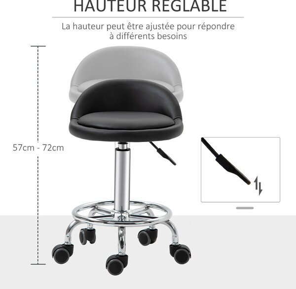 HOMCOM Set 2 otočných stoliček - pracovní stolička 360° - nastavitelná výška sedáku 47-62H cm, ergonomické opěradlo - chromovaná ocel s černým synteti