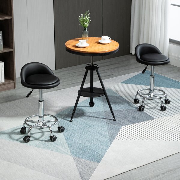 HOMCOM Set 2 otočných stoliček - pracovní stolička 360° - nastavitelná výška sedáku 47-62H cm, ergonomické opěradlo - chromovaná ocel s černým synteti