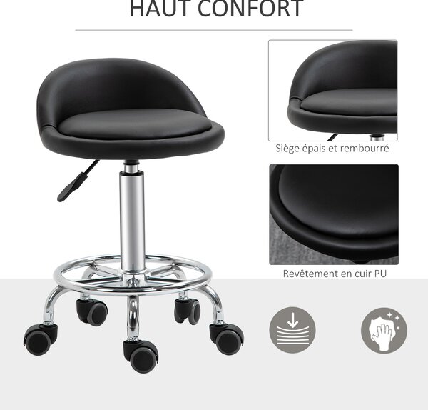 HOMCOM Set 2 otočných stoliček - pracovní stolička 360° - nastavitelná výška sedáku 47-62H cm, ergonomické opěradlo - chromovaná ocel s černým synteti