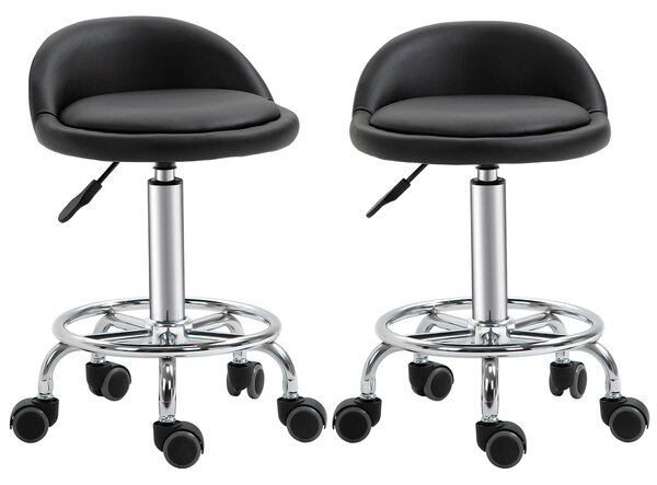 HOMCOM Set 2 otočných stoliček - pracovní stolička 360° - nastavitelná výška sedáku 47-62H cm, ergonomické opěradlo - chromovaná ocel s černým synteti