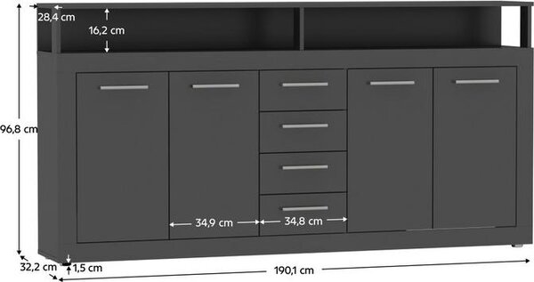 Kondela Čtyřdveřová komoda se zásuvkami Lunysa - grafit