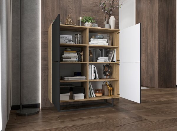 Komoda RTV ve stylu loft Dub Wotan Apollo 4D - Moderní - Nábytek Lindner - 113 cm x 35 cm x 127 cm, Barva: dub Wotan matný - černá matná