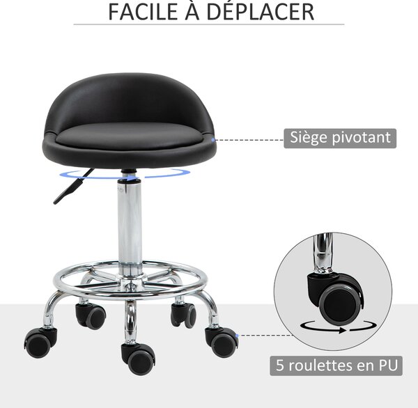 HOMCOM Set 2 otočných stoliček - pracovní stolička 360° - nastavitelná výška sedáku 47-62H cm, ergonomické opěradlo - chromovaná ocel s černým synteti