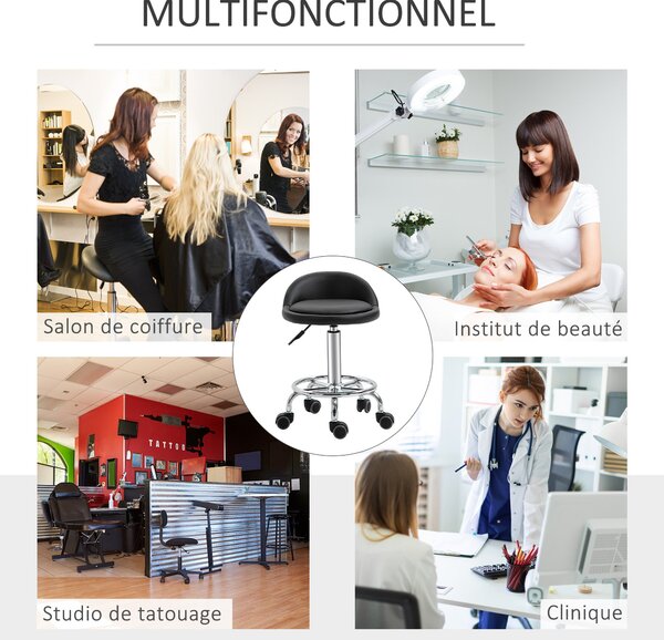 HOMCOM Set 2 otočných stoliček - pracovní stolička 360° - nastavitelná výška sedáku 47-62H cm, ergonomické opěradlo - chromovaná ocel s černým synteti