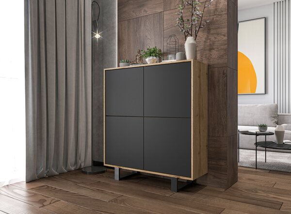 Komoda RTV ve stylu loft Dub Wotan Apollo 4D - Moderní - Nábytek Lindner - 113 cm , dva černé kovové rámy , Barva: dub Wotan matný - černá matná