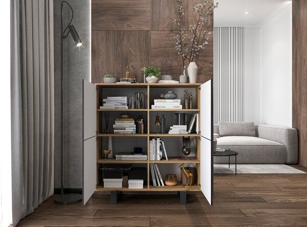 Komoda RTV ve stylu loft Dub Wotan Apollo 4D - Moderní - Nábytek Lindner - 113 cm , dva černé kovové rámy , Barva: dub Wotan matný - černá matná