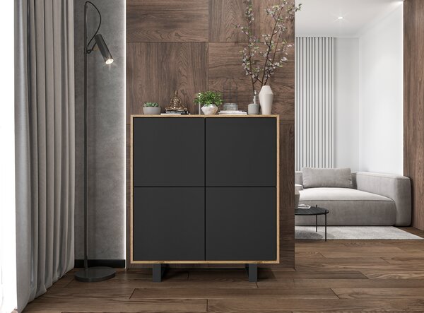 Komoda RTV ve stylu loft Dub Wotan Apollo 4D - Moderní - Nábytek Lindner - 113 cm , dva černé kovové rámy , Barva: dub Wotan matný - černá matná