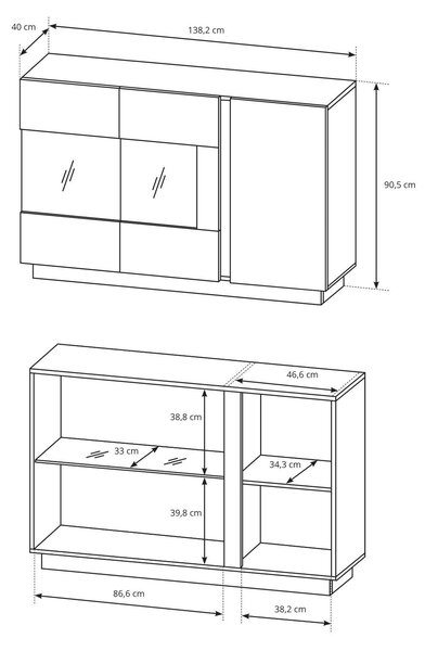 Komoda se 3 dvířky, barva: bílá + lesklá bílá + buk Grandson, rozměry: 138 cm, 2 zásuvky o rozměrech 90 cm