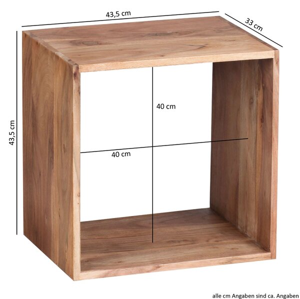 Stojan FineBuy z masivního akáciového dřeva, 43,5 cm, regál Cube, dřevěný regál, přírodní produkt, odkládací stolek, venkovský styl