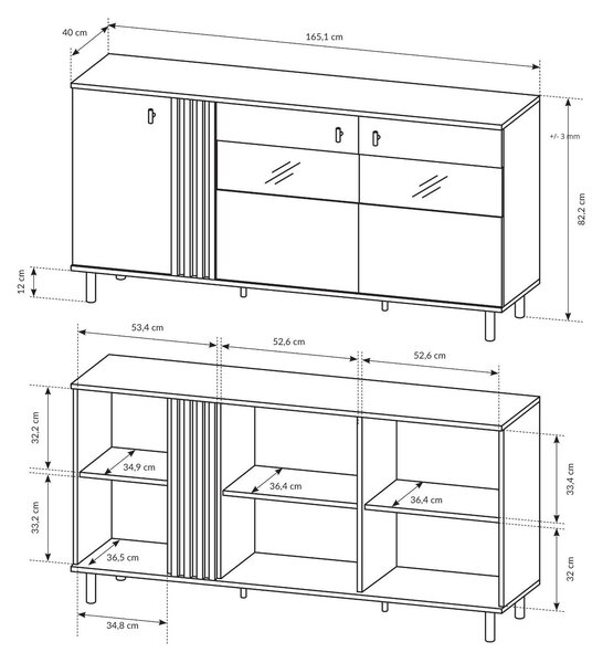 Komoda s vitrínou, dub Artisan + černá antracitová, 165,1 x 82,2 x 40 cm