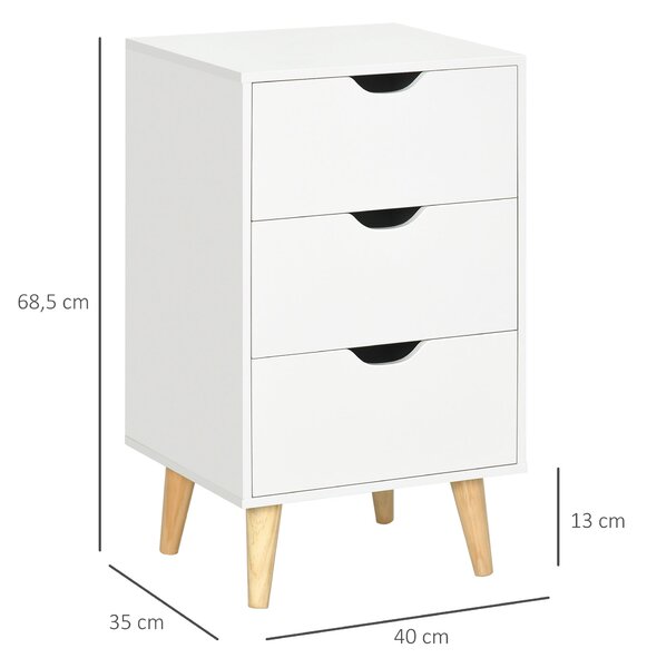 HOMCOM Noční stolek s 3 zásuvkami ve skandinávském stylu pro ložnici a obývací pokoj, 40 x 35 x 68,5 cm, bílý | Aosom