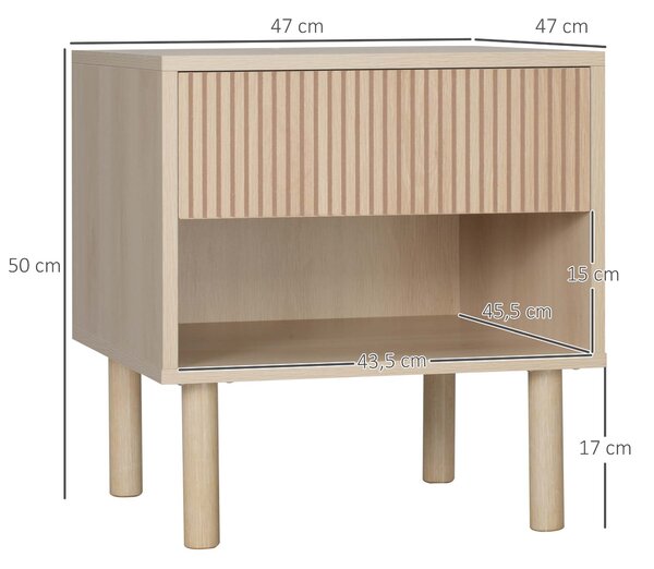 HOMCOM Sada 2 nočních stolků s šuplíky a policemi, moderní boční stolek do ložnice a obývacího pokoje, rozměry 47 x 47 x 50 cm, přírodní dřevěná úprav