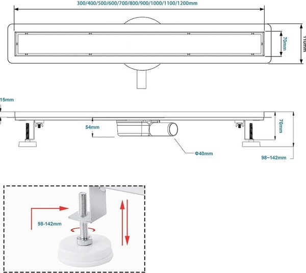 Sunrik Lineární sprchový odtok 50 cm s mřížkou a sifonem 360° Černý