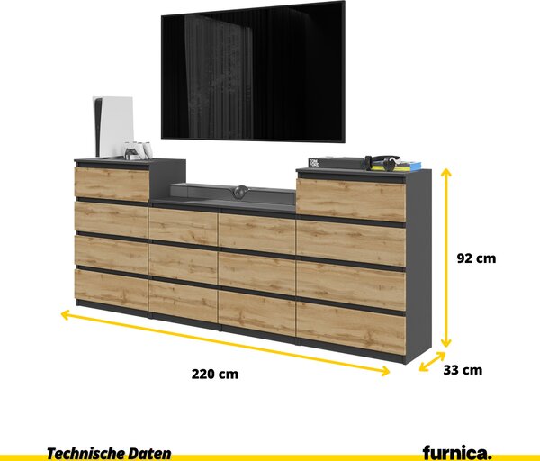 FURNICA - GABRIEL - Komoda / příborník se 14 zásuvkami (4+6+4) - antracitově šedá / dub Wotan V92/70cm Š220cm H33cm