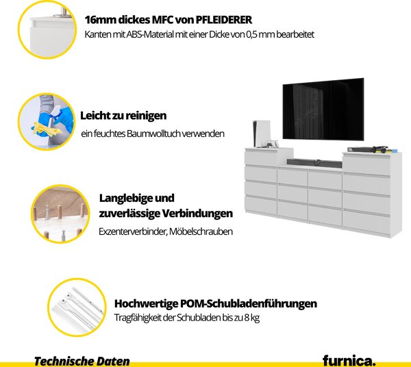 FURNICA - GABRIEL - Komoda se 14 zásuvkami (4+6+4) - antracitově šedá V92/70cm Š220cm H33cm
