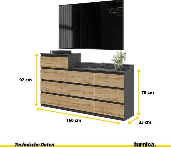 FURNICA - GABRIEL - Komoda s 10 zásuvkami (6+4) - antracitově šedá / dub Wotan V92/70cm B160cm D33cm