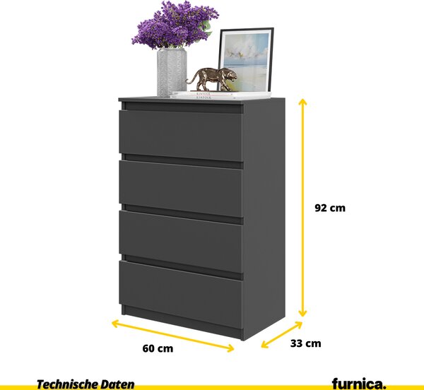 FURNICA - GABRIEL - Komoda se 4 zásuvkami - antracitově šedá V92cm Š60cm H33cm