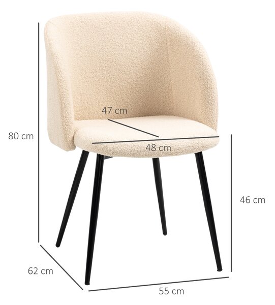 HOMCOM Sada 2 jídelních židlí, kuchyňské židle z látky s efektem smyčky, obývací židle s černými ocelovými nohami - 55 x 62 x 80 cm béžová černá | Aos