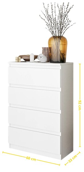 Komoda v matné bílé barvě se 4 zásuvkami – Malá komoda do ložnice a obývacího pokoje – Moderní příborník v minimalistickém designu – GABRIEL