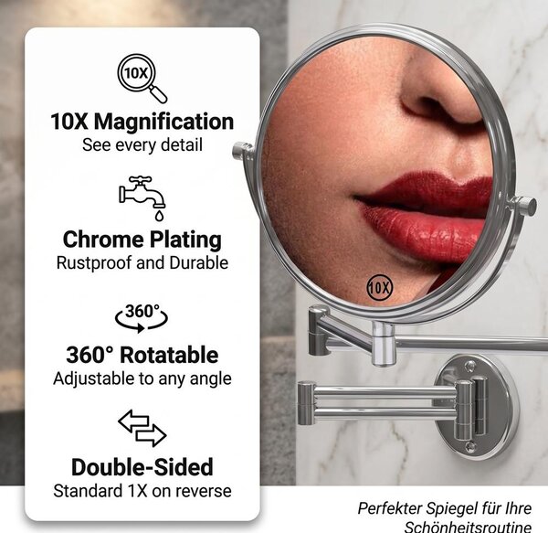 Mucola make-up zrcadlo 10x zvětšení kosmetické zrcadlo 20cm nástěnné zrcadlo koupelnové zrcadlo otočné koupelnové zrcadlo
