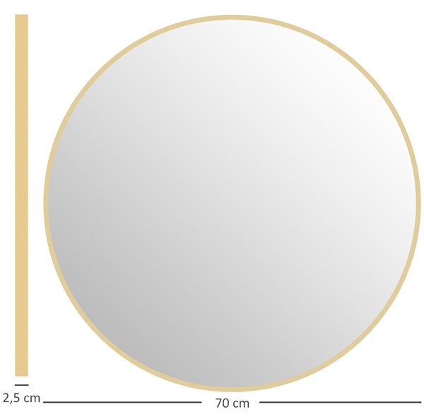 HOMCOM Kulaté Zrcadlo, Koupelnové Zrcadlo, Průměr 70 cm, Kovový Rám, Nástěnné Zrcadlo, Snadná Instalace, pro Ložnici, Obývací Pokoj, Předsíň, Zlaté |
