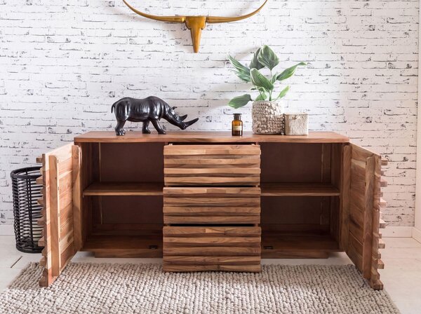 FineBuy Komoda z masivního akáciového dřeva 160 cm, 2 dvířka a 3 zásuvky – masivní retro komoda s designovým čelem – přírodní příborník – ručně vyrobený v industriálním stylu
