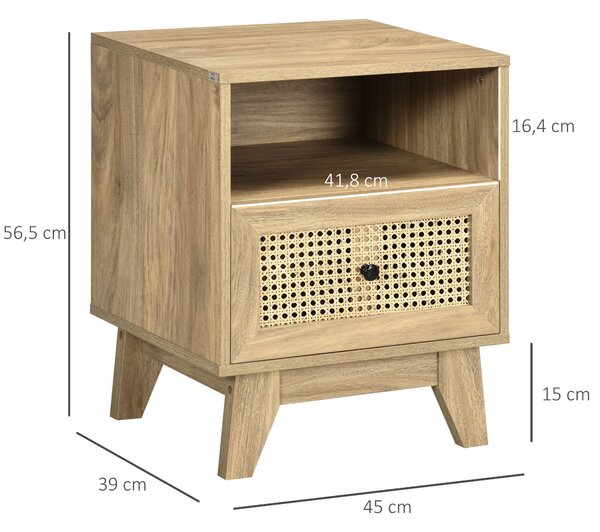 HOMCOM Noční stolek s úložným prostorem a zásuvkou, ratanové dveře a vintage design 45 x 39 x 56,5 cm | Aosom