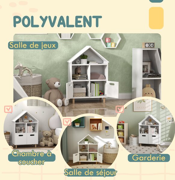 Dětská knihovna AIYAPLAY, úložný nábytek pro děti, 3 úrovně se dvěma šuplíky, tvar domu, do dětských pokojů, ložnice, 63,7 x 29,7 x 89,5 cm, bílá | Ao