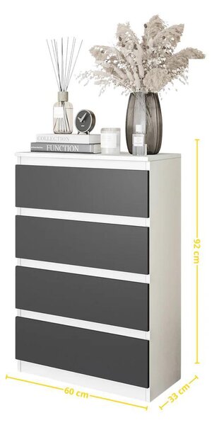 Vysoká komoda GABRIEL se 4 zásuvkami - bílá matná / antracit 92 cm, stylová a funkční