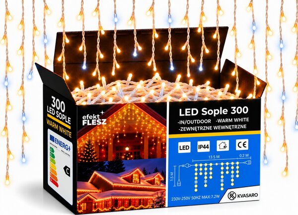 Světelný závěs 15 m rampouchy 300 LED teplá + flash rampouchy 201 - 300 světel