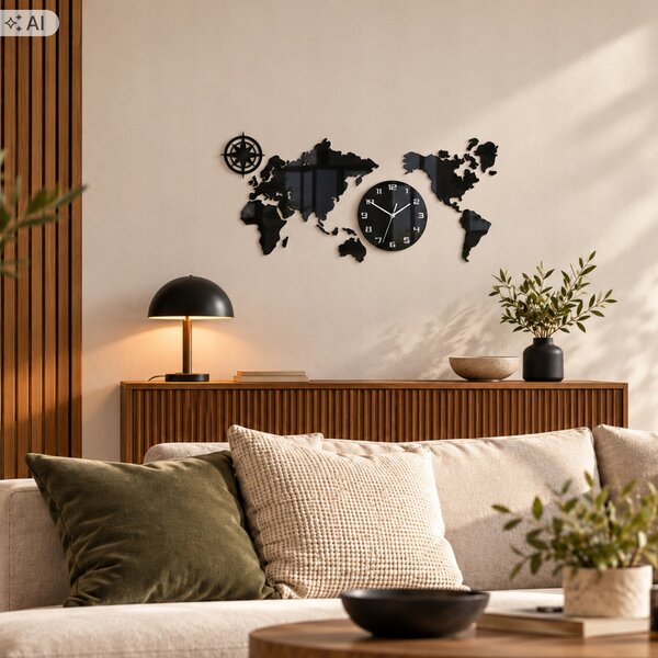 Nástěnné hodiny mapa světa 80 x 40 cm černá tichý chod