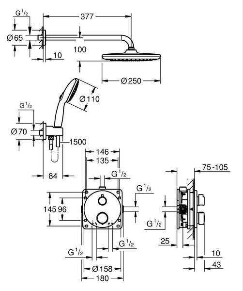 GROHE Precision Thermostat - Podomítkový sprchový systém s Vitalio Start 250, matná černá 348832430